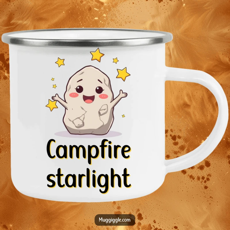 Funny smiling rock character juggling tiny stars, designed for a humorous camping mug.