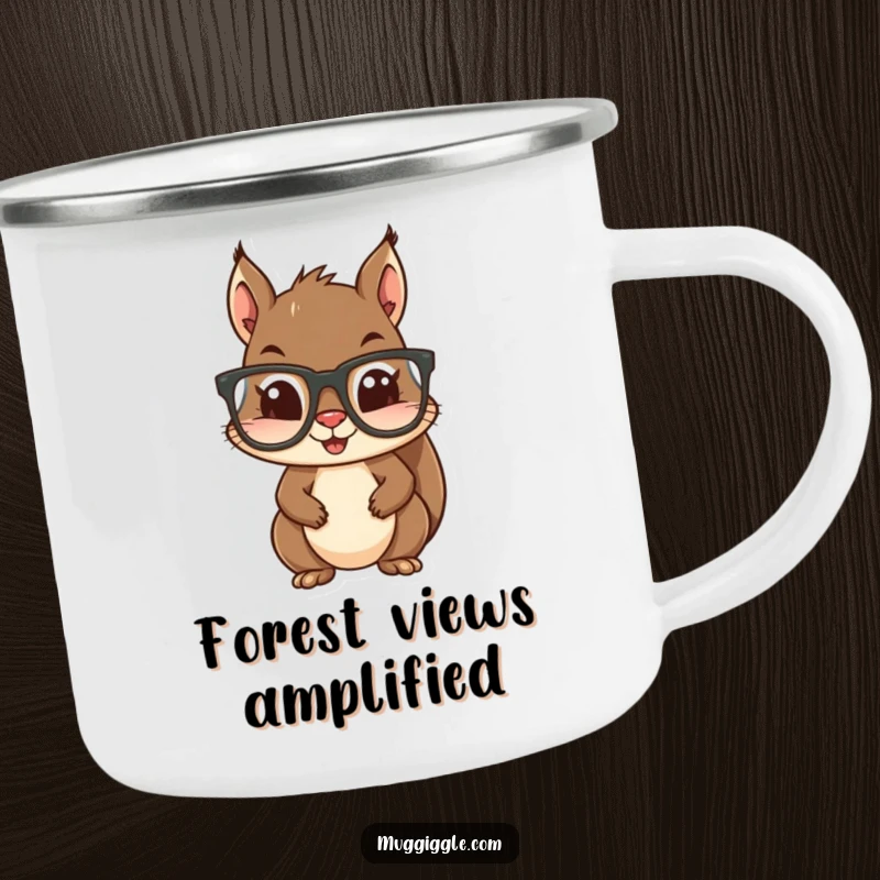 Funny camping mug with a squirrel attempting to wear large glasses, ideal for outdoor enthusiasts who appreciate humor.