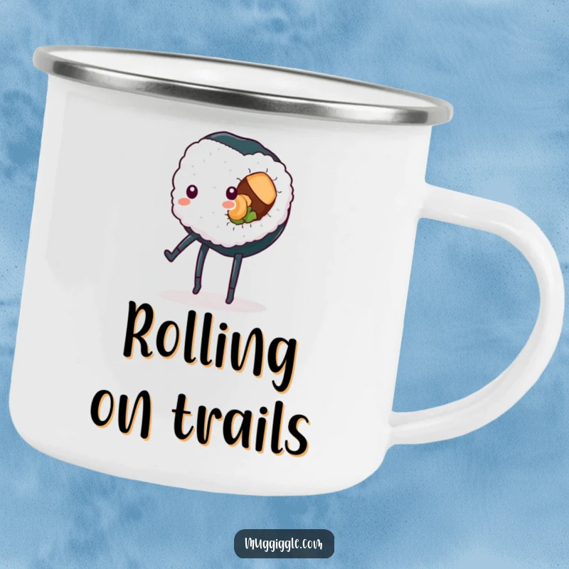Funny sushi roll camping mug, legs in a cartwheel pose, durable and humorous for outdoor use, a fantastic funny gift.