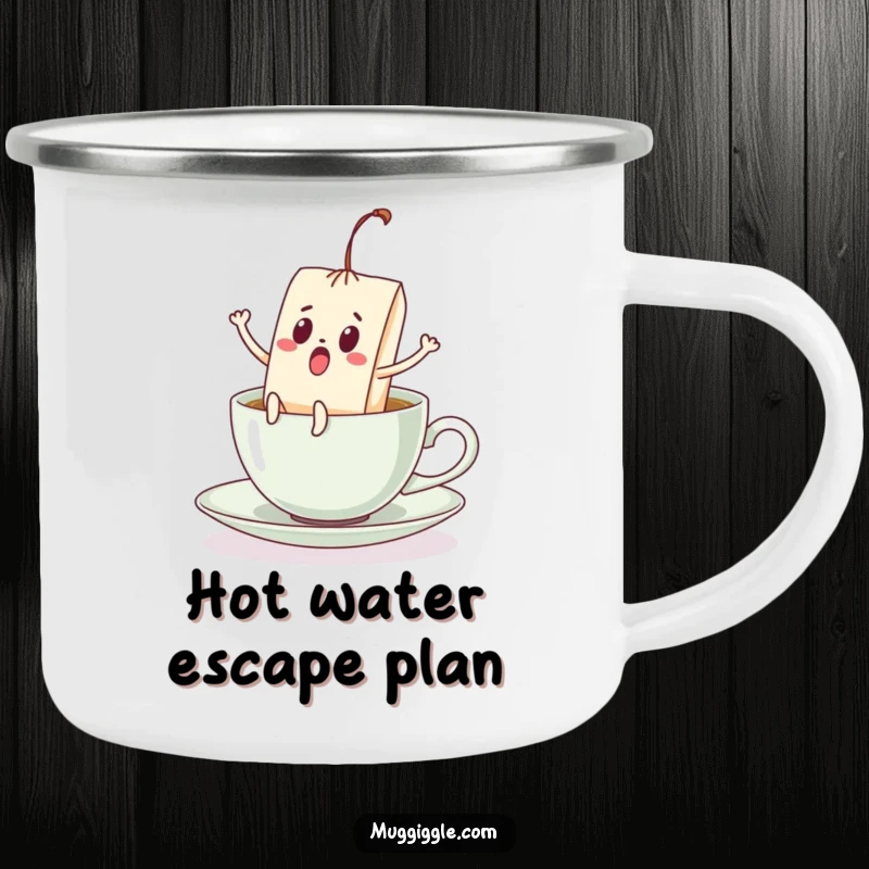 Funny camping mug with a startled teabag showing kicking legs, escaping a teacup, a durable and humorous drinkware.