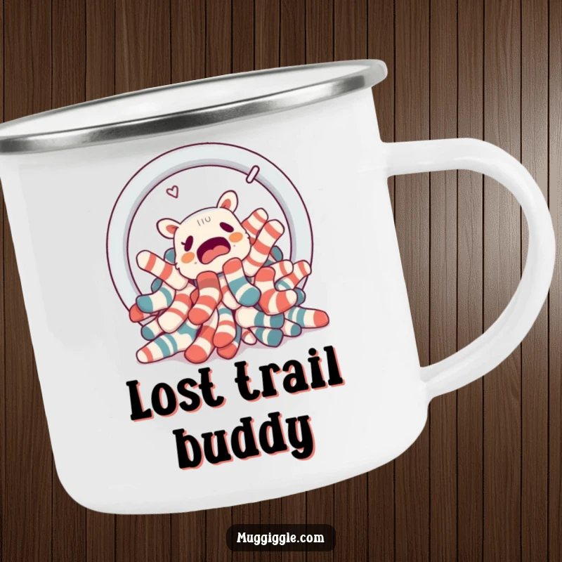 Funny pile of confused socks attempting to escape a laundry basket portal, perfect for outdoor use on a camping mug.