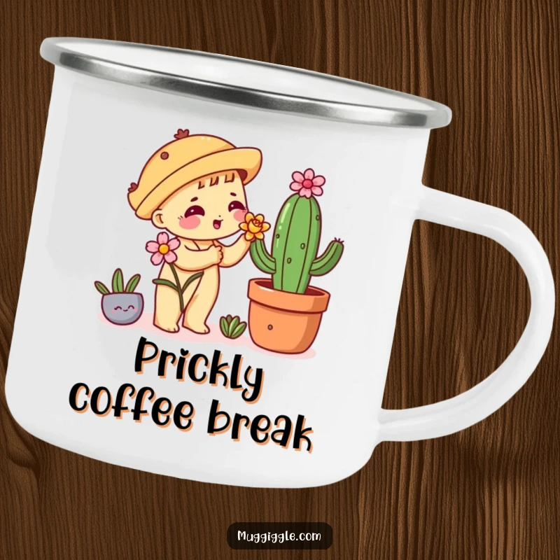 Funny camping mug with a shy taco character nervously offering a flower to a cactus, perfect for outdoor charm.