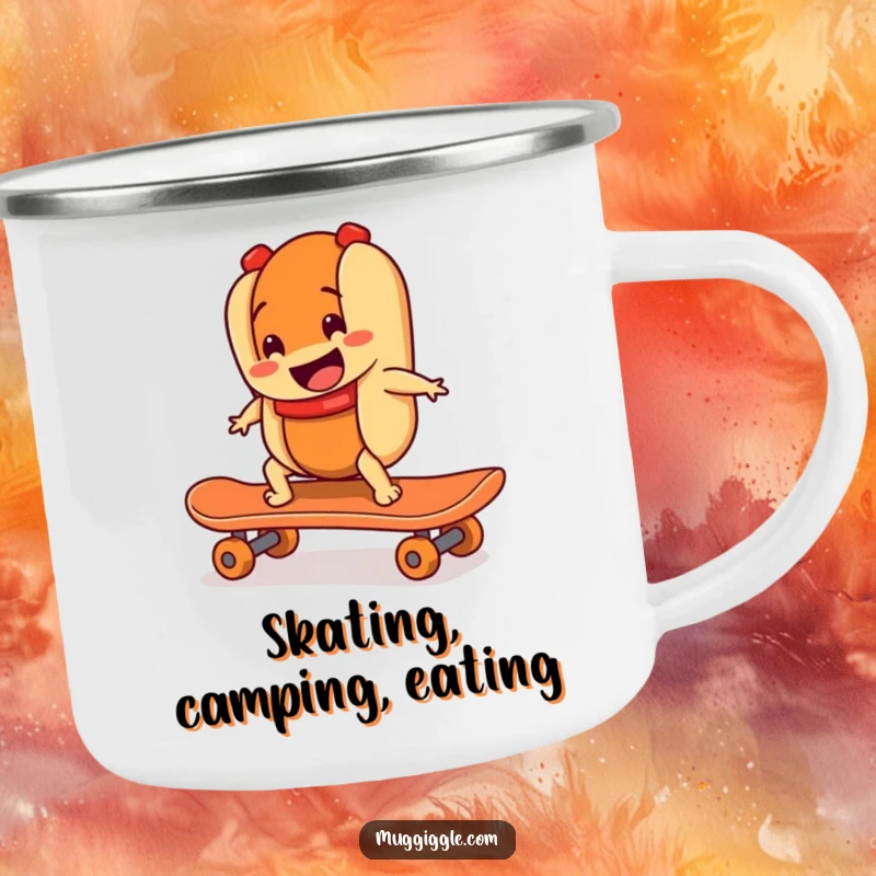 Funny camping mug with a smiling hot dog character riding a runaway skateboard, built for outdoor use with energetic, food-themed humor.