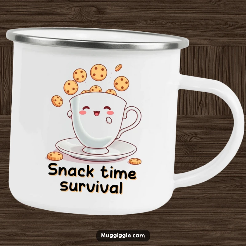 Funny Camping Mug: Tiny teacup character juggling bouncing cookies, humorous outdoor cup.