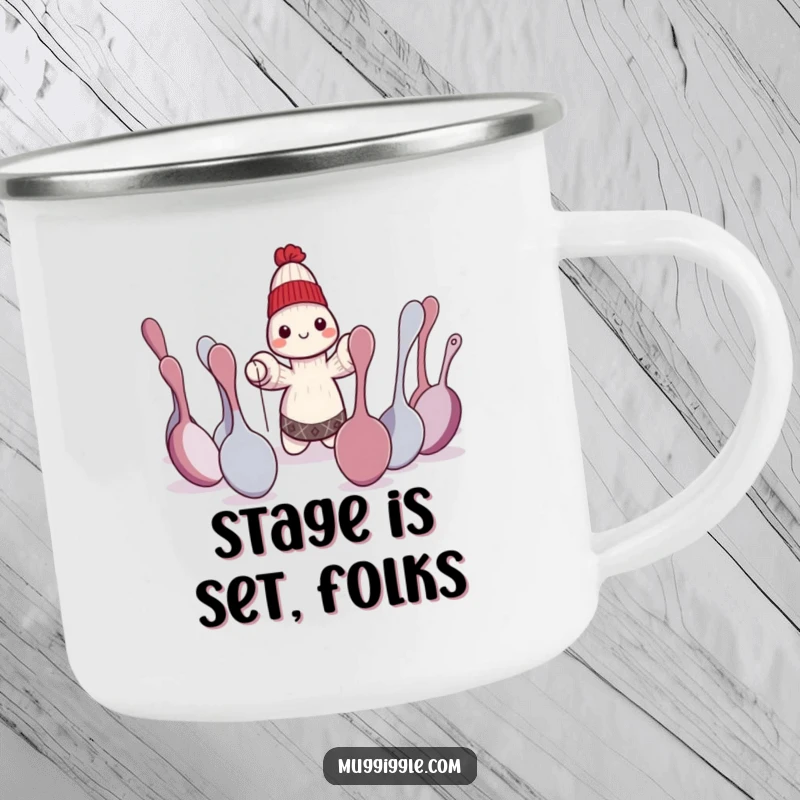 Funny sock puppet character performing a dramatic play for bewildered spoons, a durable and humorous camping mug.