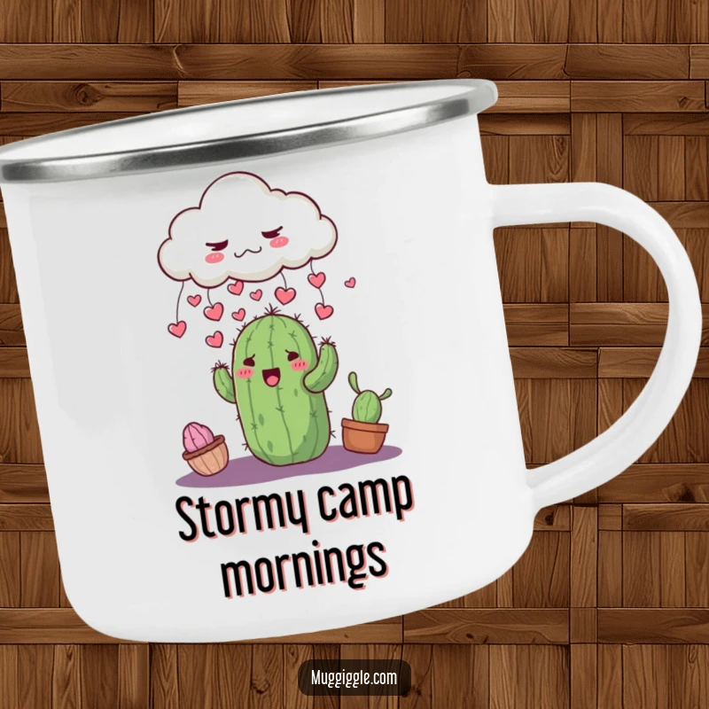 Funny grumpy cloud raining tiny hearts onto a smiling cactus, perfect for outdoor use on a camping mug.