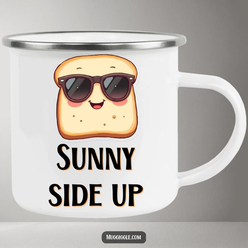 Funny Camping Mug: Smiling bread slice with oversized sunglasses, humorous outdoor cup.