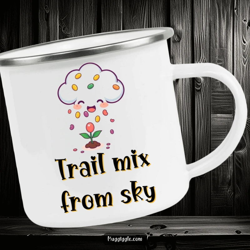 Funny camping mug with a happy cloud character raining jellybeans onto a small plant, perfect for outdoor enjoyment with a sweet theme.