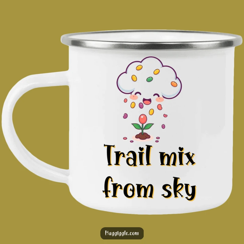 Funny Happy Cloud Jellybean Camping Mug: Raining Sweetness - Outdoor Whimsical Gift
