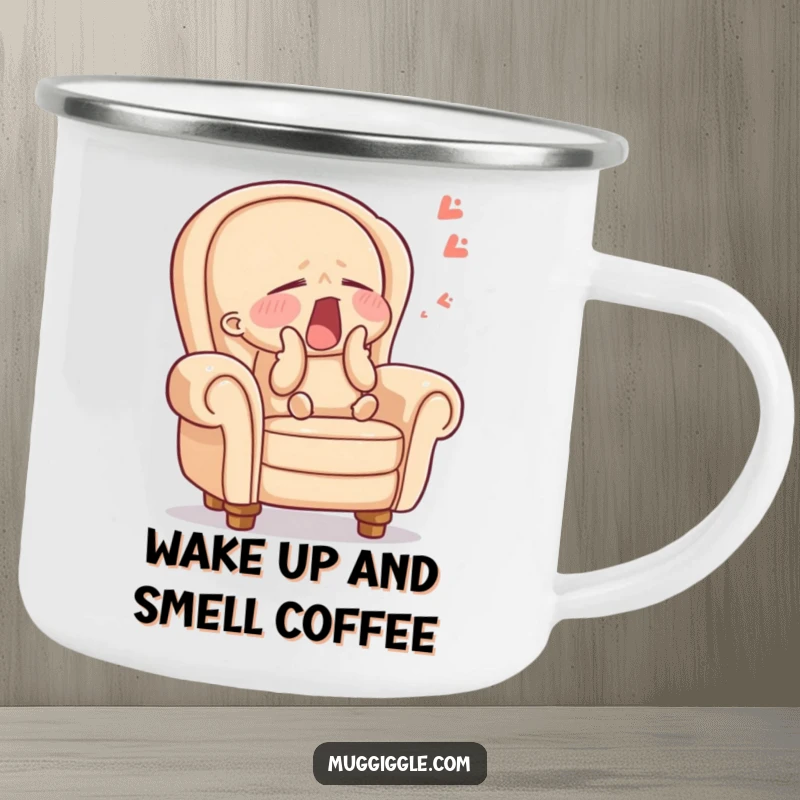 Funny camping mug featuring a sleepy armchair character yawning, perfect for outdoor adventures with a dose of sleepy humor, a funny gift.