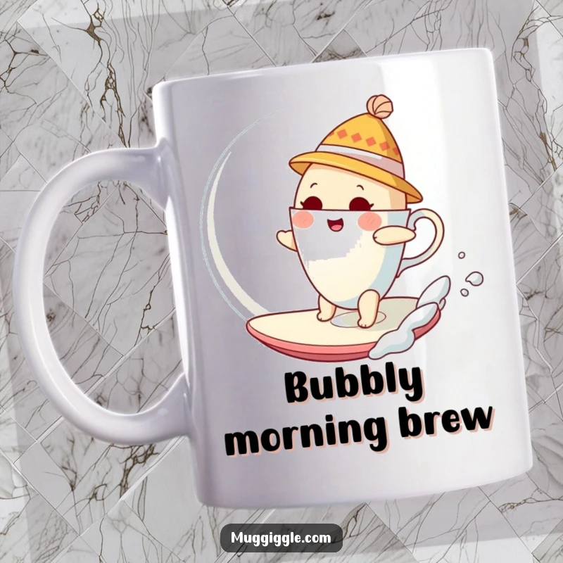 Funny Mug depicting a bewildered teacup in a tiny hat attempting to surf a giant bubble with comical effort.