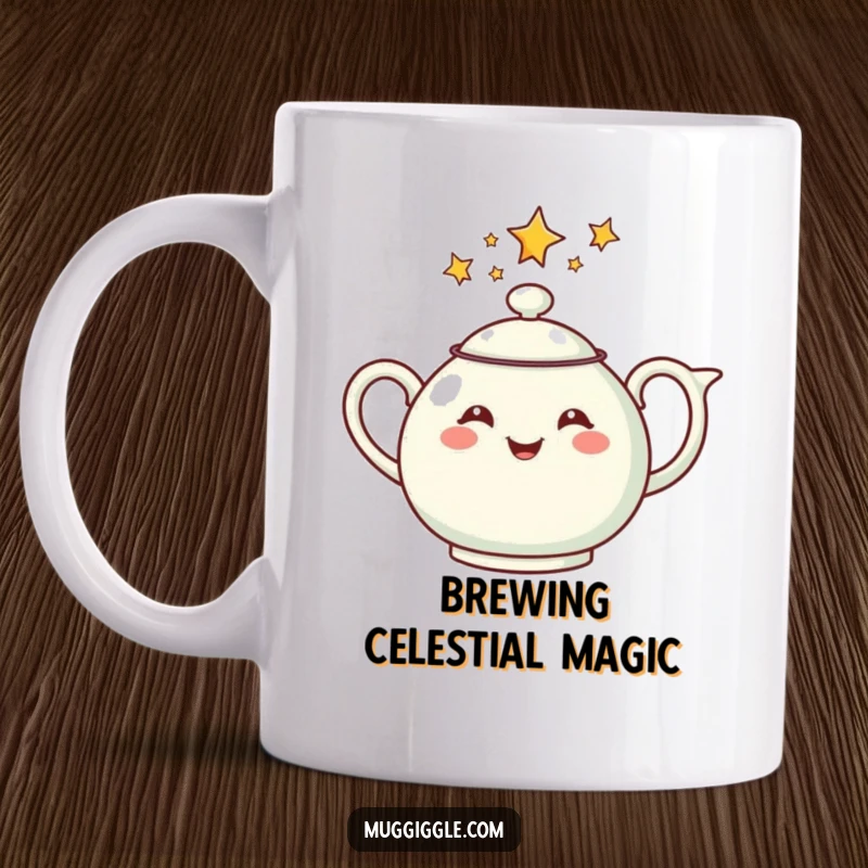 Funny mug with a cheerful teapot face pouring a stream of shiny stars, creating a magical and heartwarming scene.