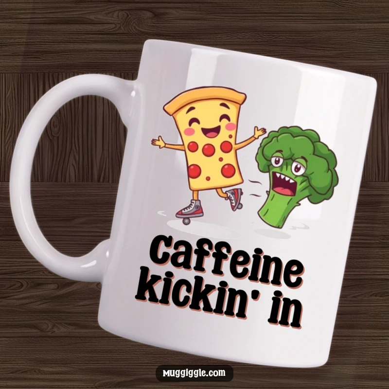 Funny Mug showing a smiling pizza slice on roller skates, zooming past bewildered broccoli, a hilarious gift for food lovers.