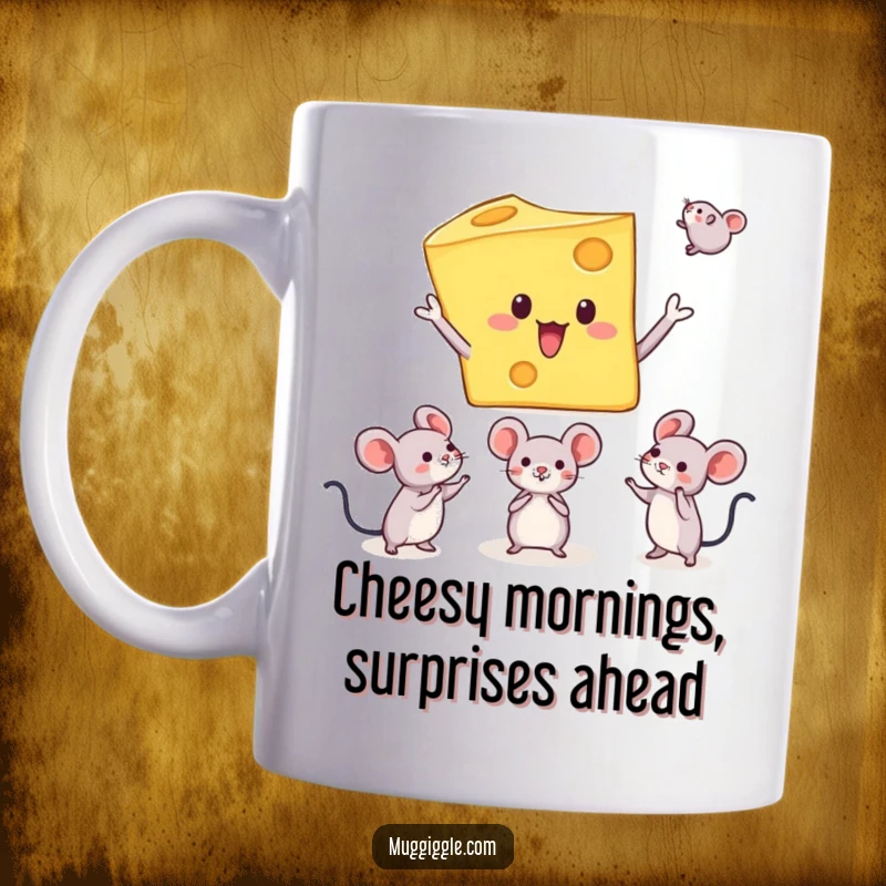 Funny mug showing a slice of cheese character hilariously juggling three tiny mice with a look of pure surprise and comical panic.