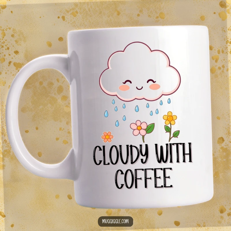 Funny cloud character mug, raining happy tiny drops onto a flower, spreading cheer.