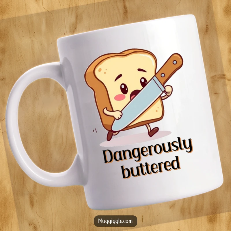 Funny mug depicting a startled piece of toast cartoon character being playfully chased by an oversized, friendly butter knife.