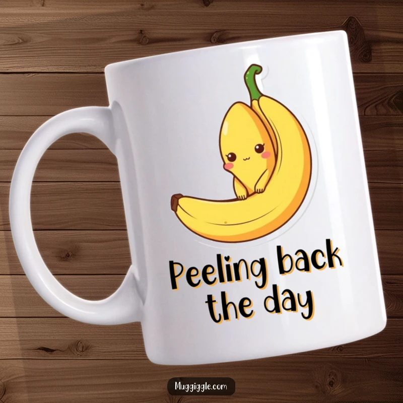 Funny mug featuring a curious, personified banana character peeking out from inside a larger, empty banana peel, looking playful.