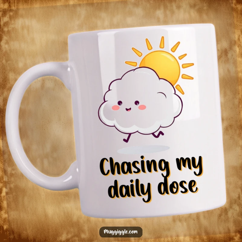 Funny fluffy cloud with tiny legs excitedly chasing a beaming sun on a cheerful mug, capturing pure joy.