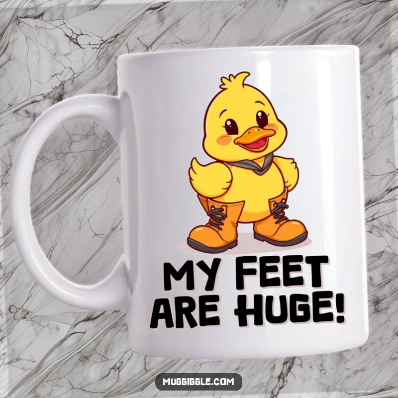 Funny rubber duck character tripping in oversized boots, a comical depiction of clumsiness on a mug.