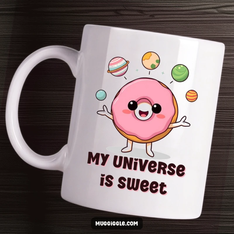 Funny donut character joyfully juggling miniature planets in space, a delightful and humorous scene on a mug.