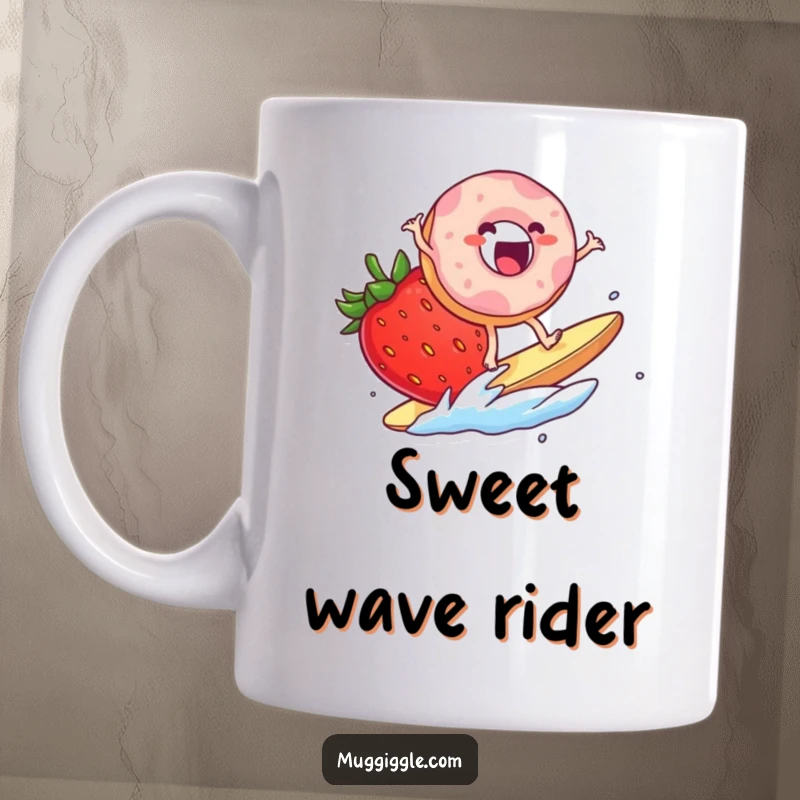Funny Mug: An excited donut character joyfully surfing on a giant slice of strawberry, embodying sweet, adventurous humor.