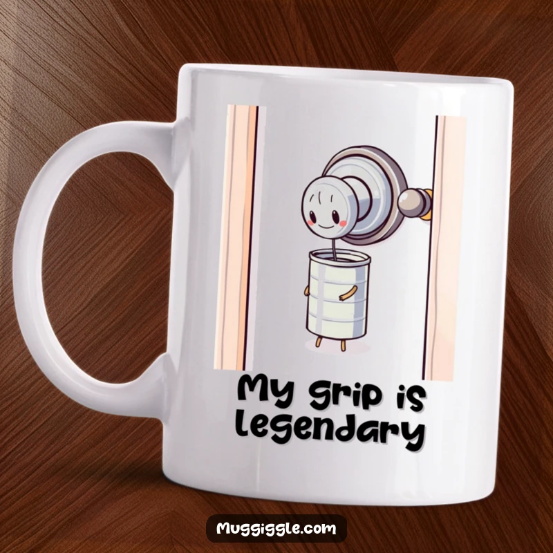 Funny Mug: A sentient door knob with a determined expression struggles to open a tiny, unyielding tin can.