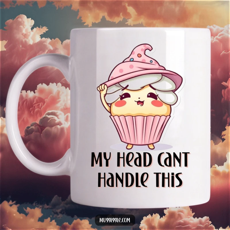 Funny mug featuring a flustered cupcake character comically struggling to balance an excessive number of hats.