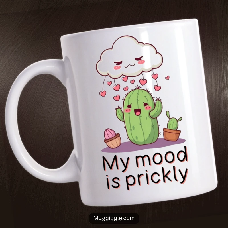 Funny grumpy cloud raining tiny hearts onto a surprised, smiling cactus, featured on a delightful coffee mug.