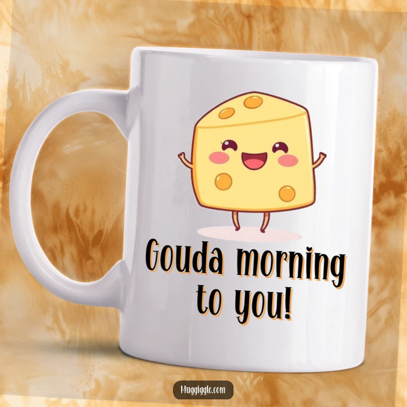 Funny happy cheese wedge character with tiny dancing legs, a joyful and humorous mug design.