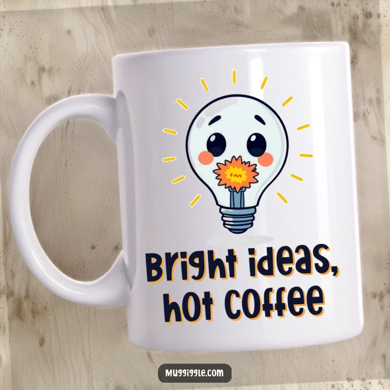 Funny Mug: A surprised lightbulb character experiences a small, vibrant, colorful explosion, representing a sudden bright idea.