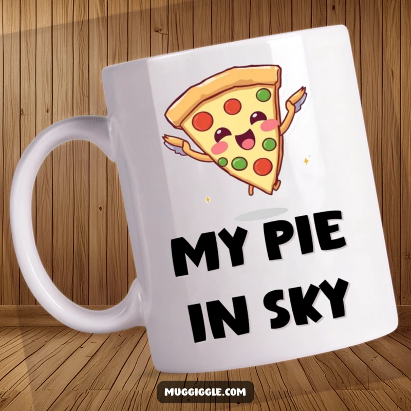 Funny mug featuring a joyful slice of pizza character trying to fly using small, attached breadstick wings, looking determined and silly.