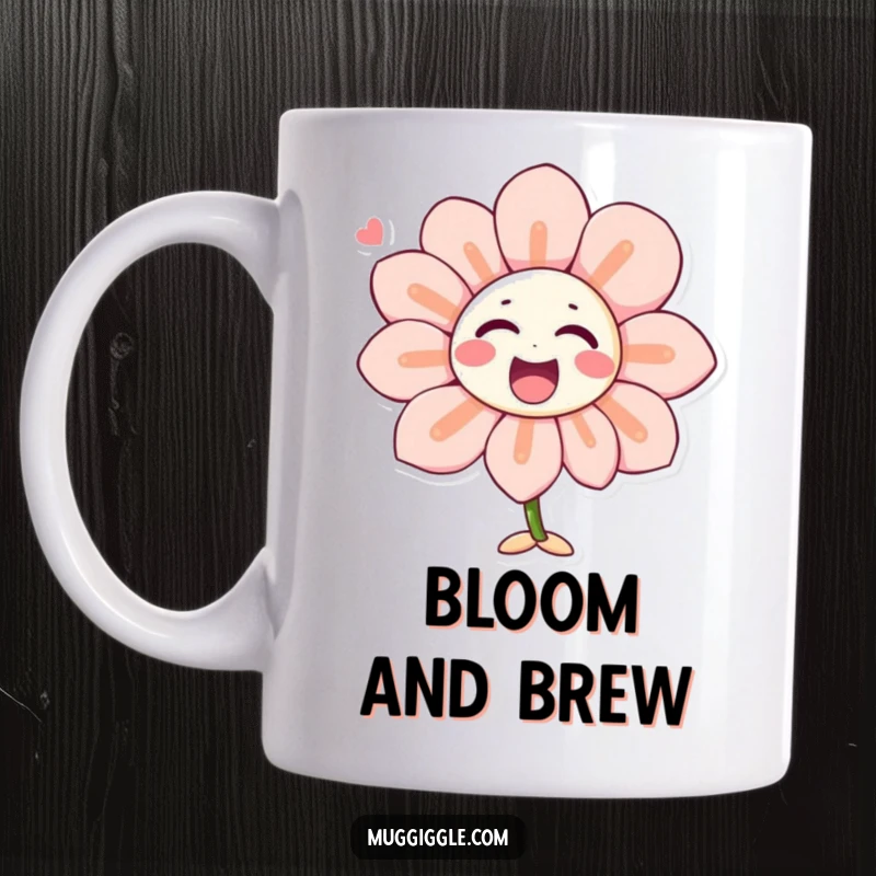 Funny mug showing a singing flower character with petals shaped like laughter, embodying joy, music, and happiness.