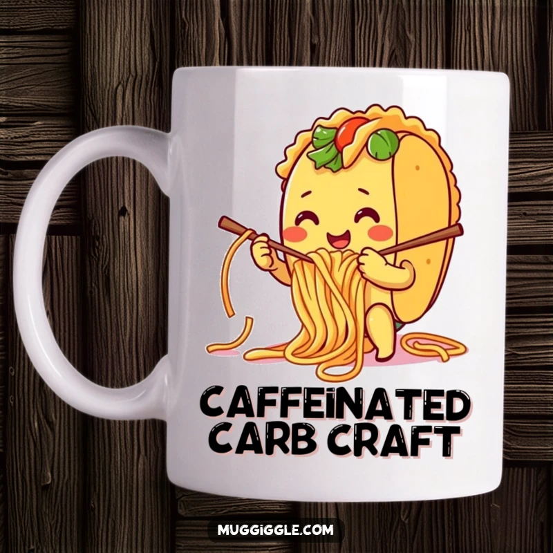 Funny Mug: A smiling taco character hilariously attempting to knit using spaghetti noodles, showcasing culinary craft chaos.