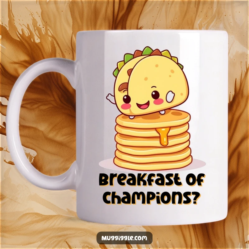 Funny Mug: A cheerful taco character wobbles while balancing on a tall stack of pancakes, representing breakfast chaos.