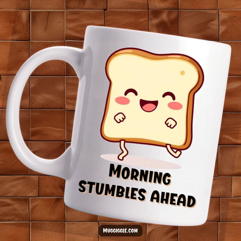 Funny happy slice of toast with stick legs comically tripping over its own feet, on a cheerful coffee mug.