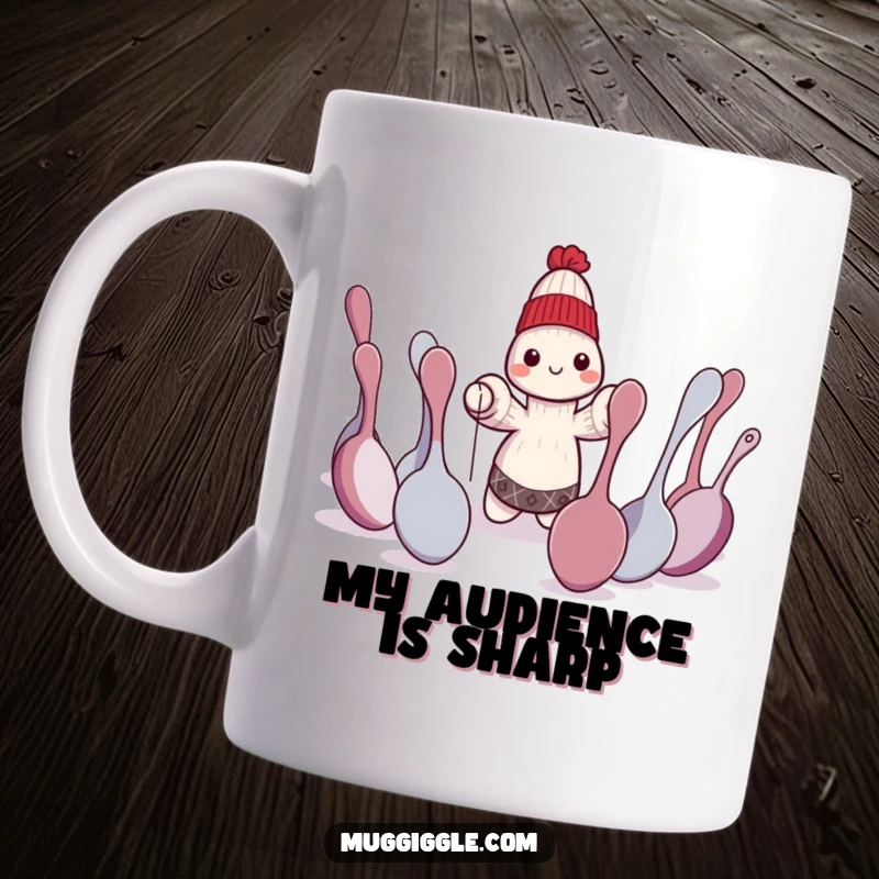 Funny sock puppet character performing a dramatic play for bewildered spoons, a hilarious and unique mug design.