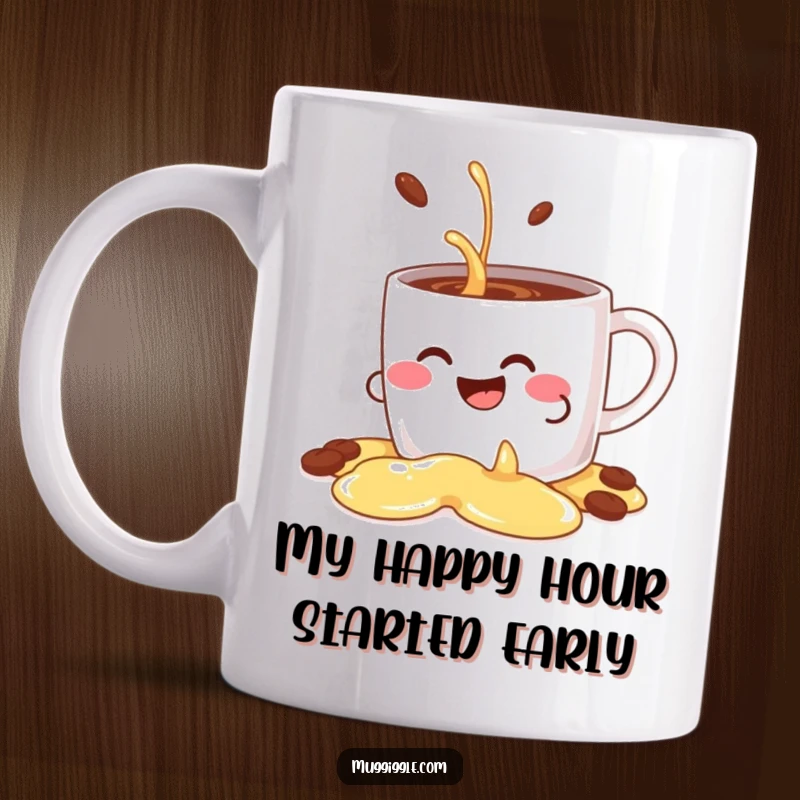 Funny coffee mug with a giggling character comically spilling coffee decoratively, adding a playful and humorous touch to your drinkware.