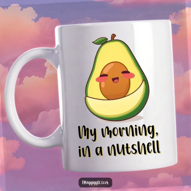 Funny Avocado Mug: A clumsy green avocado character comically slips on its own discarded peel, illustrating a relatable humorous fail.