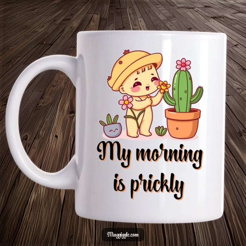 Funny mug with a shy taco character nervously offering a flower to a spiky cactus, showcasing sweet awkwardness.