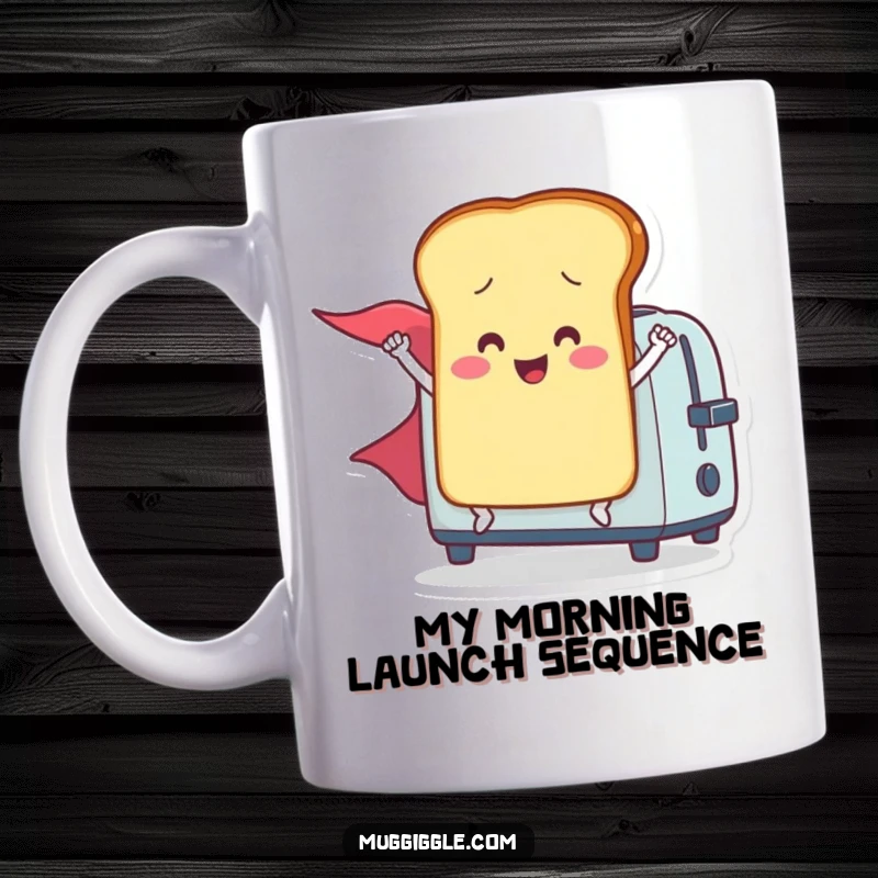 Funny mug featuring a smiling toast character with a red cape launching energetically from a chrome toaster, ready for breakfast adventures.