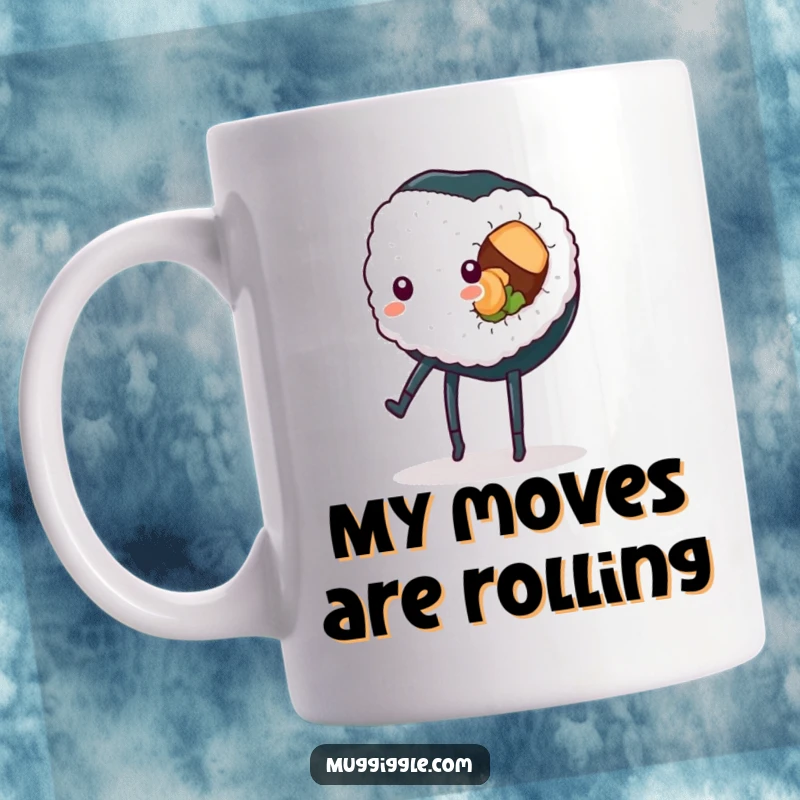 Funny sushi roll mug with legs, hilariously attempting a cartwheel with determination and a slight wobble, a perfect humorous kitchen gift.