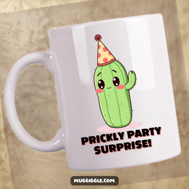 Funny Mug: Surprised cactus wearing a tiny party hat, celebrating with a comical expression.