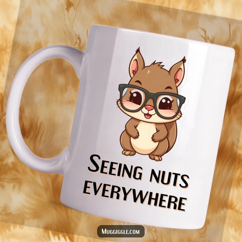 Funny mug showing a mischievous squirrel trying to put on a pair of huge glasses, looking confused and cute.