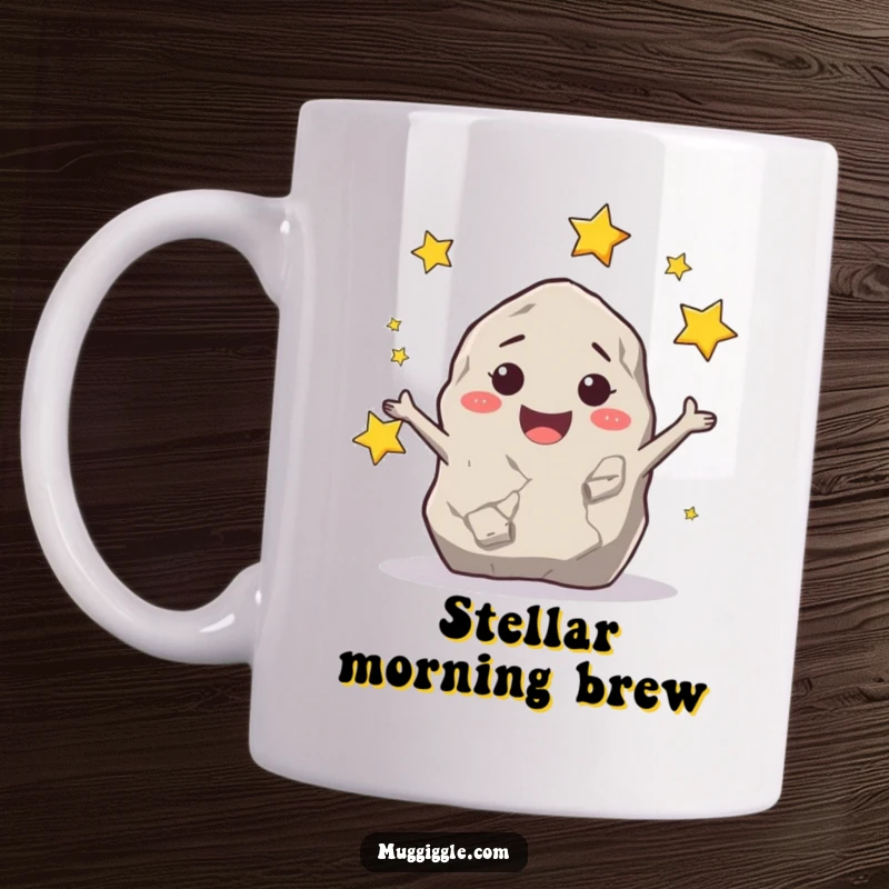 Funny smiling rock character joyfully juggling tiny stars, a cheerful and whimsical mug design.
