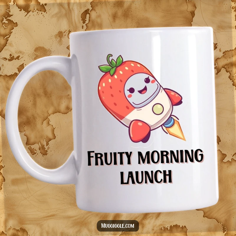 Funny Mug with a tiny rocket ship piloted by a smiling strawberry wobbling humorously in mid-air.