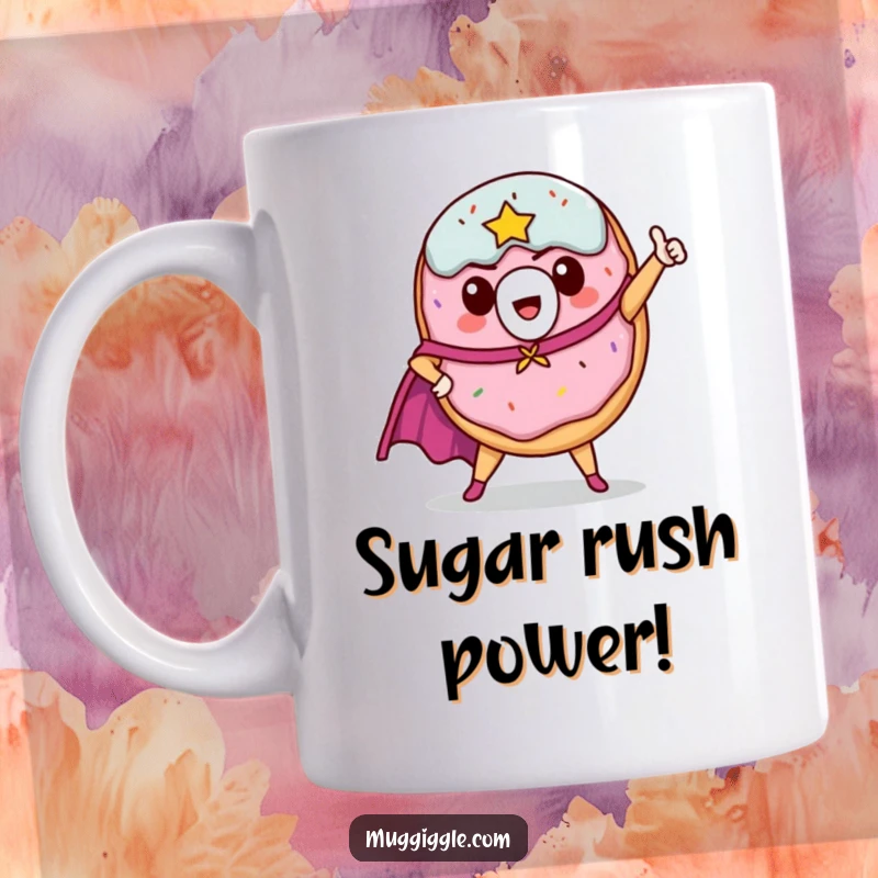 Funny donut hero mug, cape billowing, striking a brave pose, ready to save the day with breakfast.