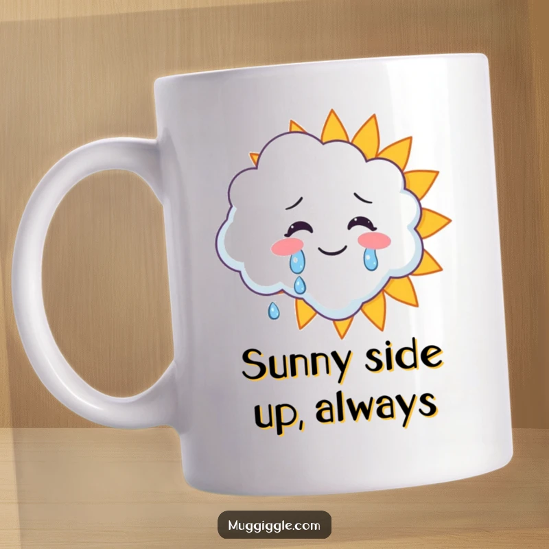 Funny mug with a fluffy cloud character shedding happy tears onto a beaming, smiling sun character.