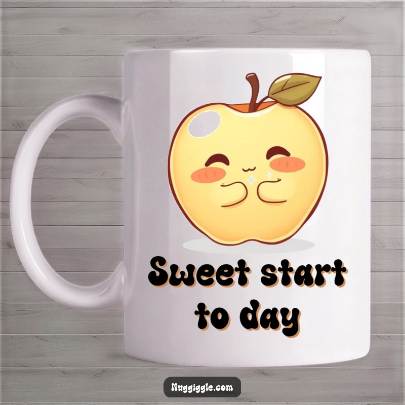 Funny Mug showing a shyly blushing apple hugging a very large, sparkly button, a sweet and humorous gift for gentle souls.