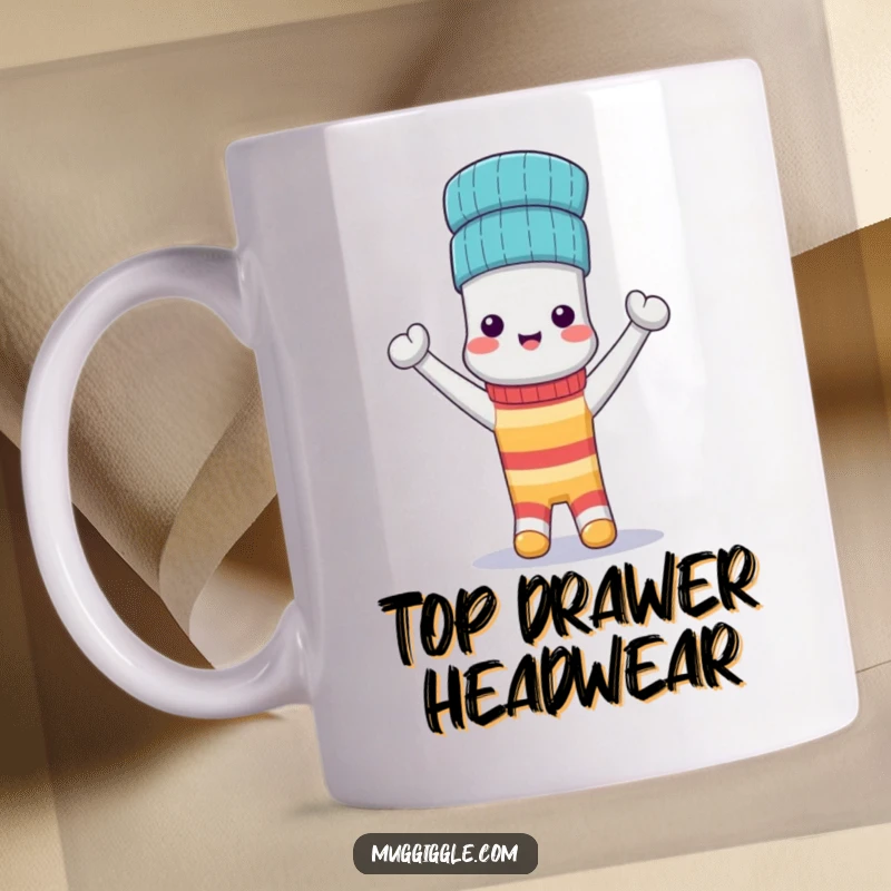 Funny Mug: An anthropomorphic sock proudly wears its matching sock companion as a jaunty hat, a symbol of reunion.