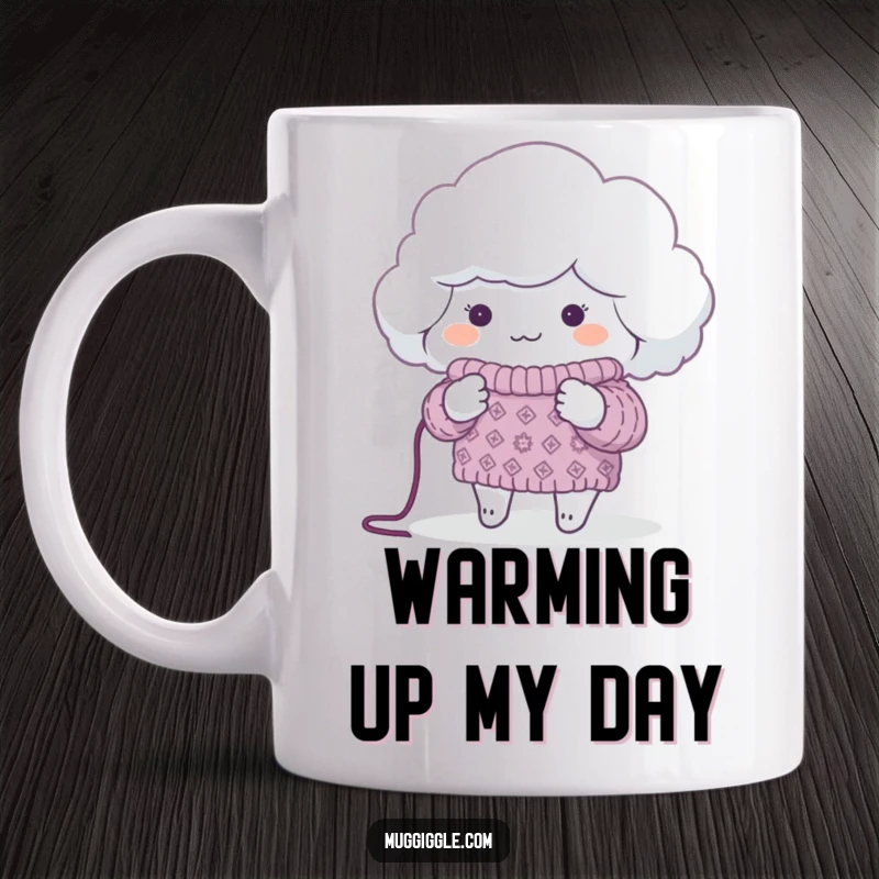 Funny Mug showing a fluffy cloud knitting a sweater for a tiny, chilly planet, a heartwarming and humorous eco-friendly gift.